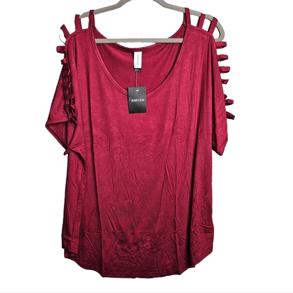 Amclos Women's Dark Red Scoop Neck Slashed Sleeve T-Shirt Top NWT Size 3XL - Picture 1 of 11